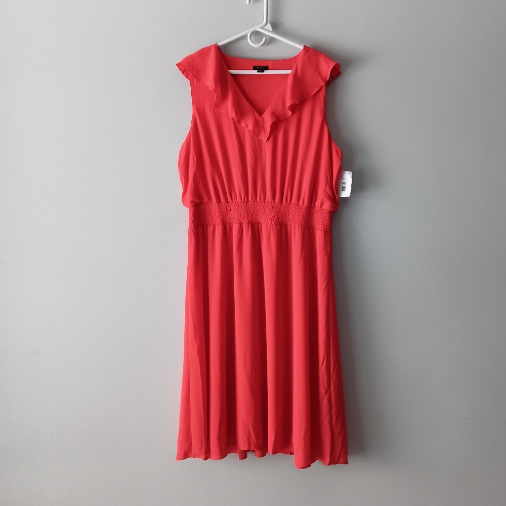 NEW Halogen Sleeveless Lined Midi Dress V-Neck Pleats Pink Salmon  XXL